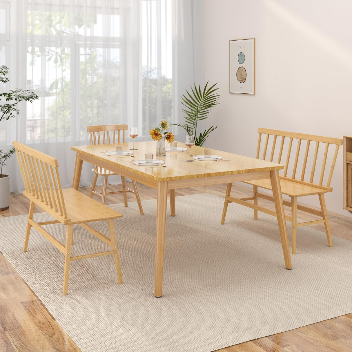 Wisuce Essentials Bamboo Dining Bench, Black Entryway Bench with Spindle Back Farmhouse Wood Windsor for Foyer Balcony Living Room (Nature) (Nature) Wisuce Essentials