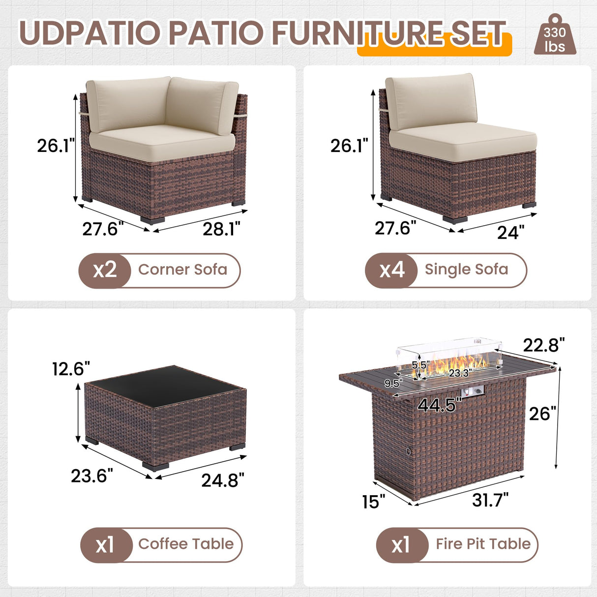 UDPATIO Patio Furniture Set with 44'' Fire Pit Table,Modular Outdoor Furniture Sets,Slanted Back Outdoor Sectional Conversation Set PE Rattan Sofa for Backyard W/Coffee Table,4'' Cushions,8 PCS,Khaki UDPATIO