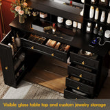 Maupvit Makeup Vanity with Mirror and Lights,Black Vanity Desk with Drawers and Shelves，Large Makeup Table with Glass Top，Bedroom Dressing Table,47.1in Maupvit