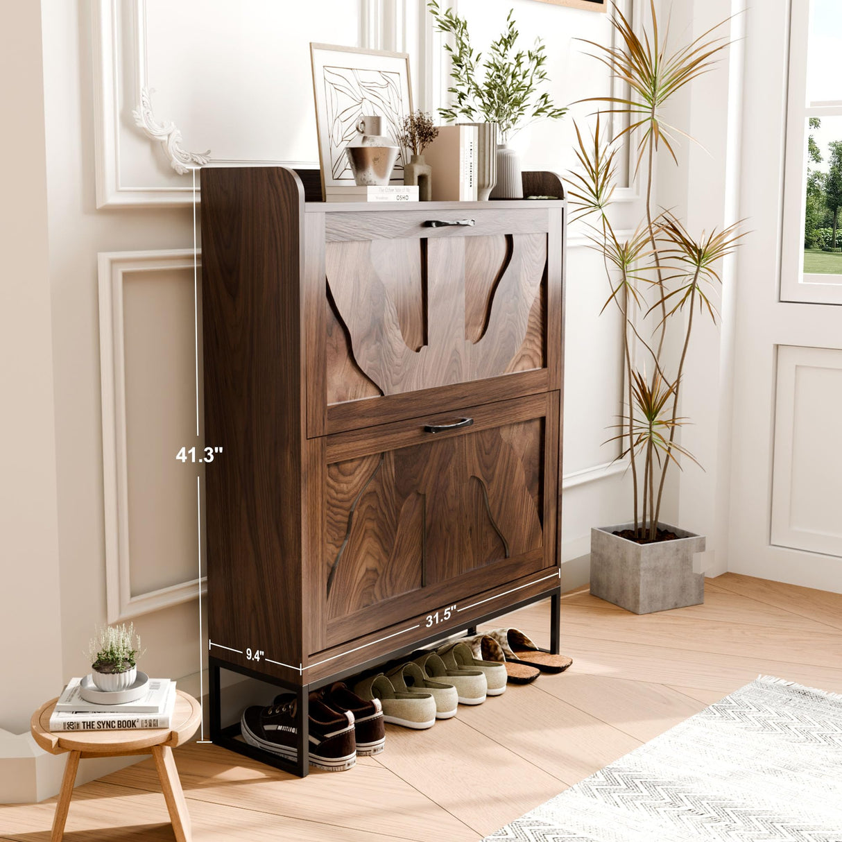 infurnic Shoe Storage Cabinet with 2 Flip Drawers, Narrow Shoe Cabinet for Entryway, Freestanding Organizer Shoe Rack Cabinet for Front Door Entrance Hallway Foyer, Walnut infurnic