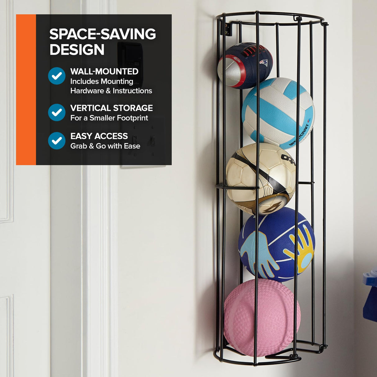 Vertical Ball Storage Rack, Wall-Mounted Garage Sports Equipment Organizer, Soccer Ball, Volley Ball, Football, and Basketball Holder, Space-Saving Vertical Ball Rack for Garage, Gym, or Playroom Modern Innovations