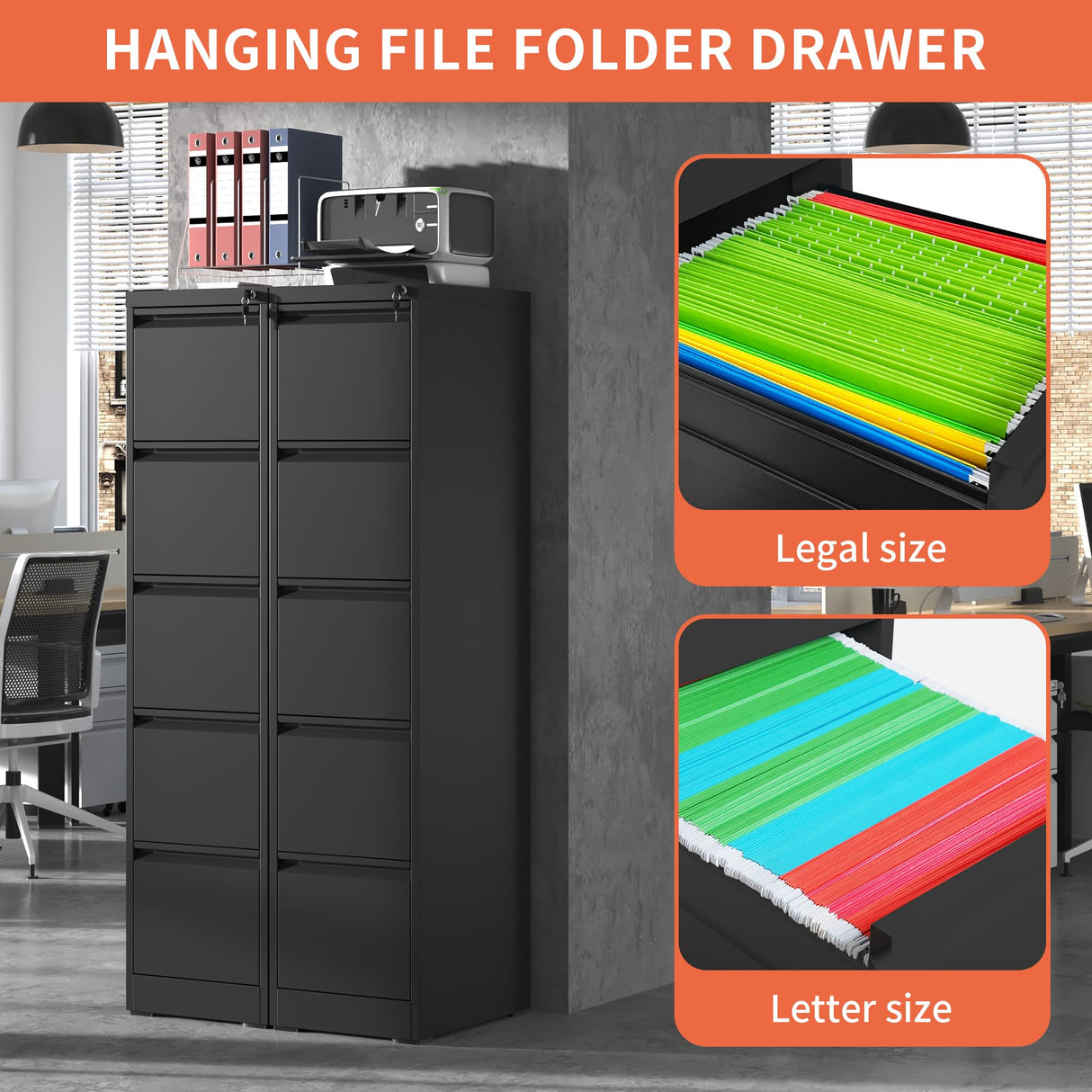 IKIMI 5 Drawer File Cabinet,Metal Filing Cabinets for Home Office,Vertical File Cabinet with Lock,Heavy Duty Metal Storage Cabinet for A4/Letter/Legal Size Files,Assembly Required IKIMI