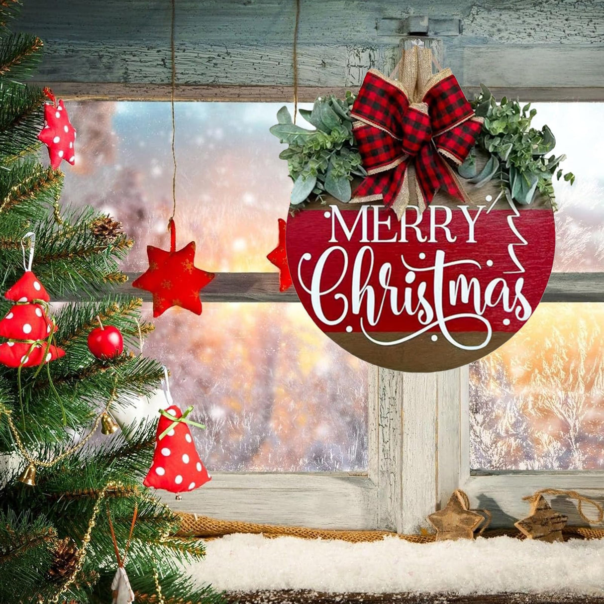 Merry Christmas Door Hanger Sign for Front, Chrismas Welcome Wooden Wreaths Sign with Bow for Winter Farmhouse Garden Porch Decorations (Christmas Door Sign) VQRZG