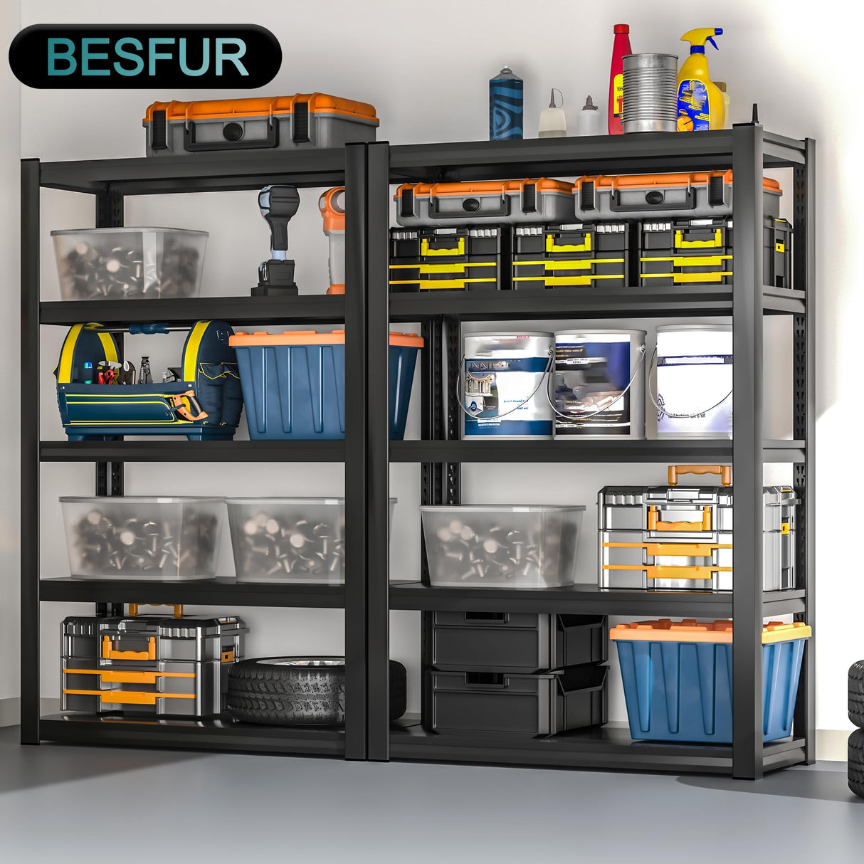 BESFUR 5-Tier Wider Garage Storage Shelves, Heavy Duty Metal Shelving Unit, Adjustable Matal Storage Shelving, 3000 lbs Capacity, for Warehouse Garage Basement, 19.7" D*47.3" W*71" H, Black BESFUR