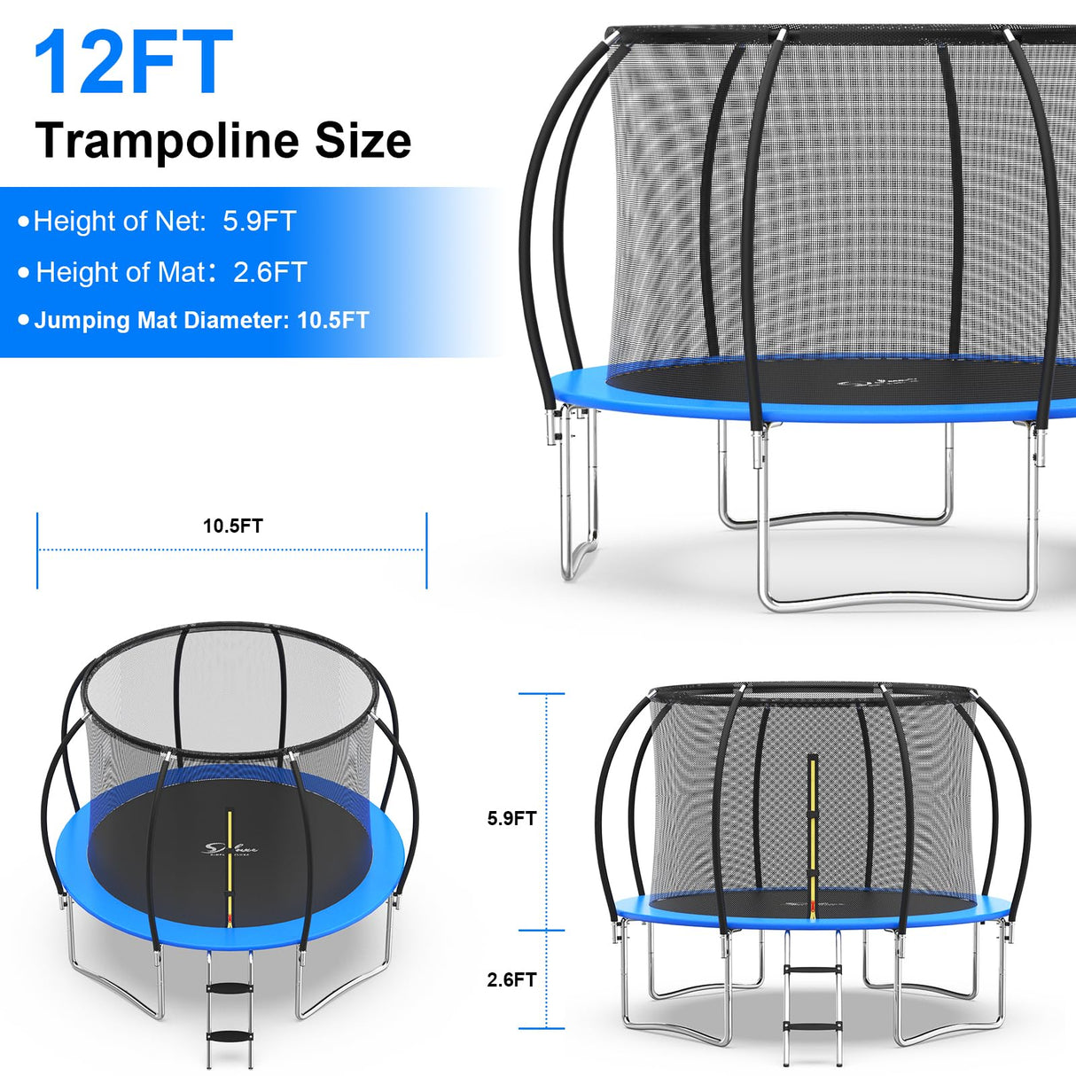 Simple Deluxe Trampoline for Kids with Safety Enclosure Net Wind Stakes 400LBS Weight Capacity 12FT Blue Inside Net Simple Deluxe
