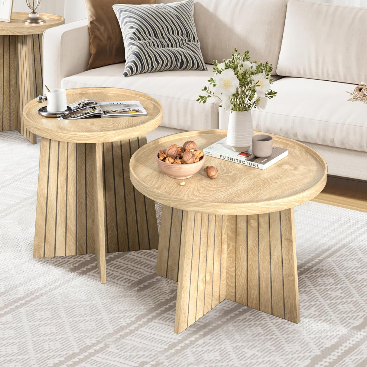 Round Nesting Coffee Table,Set of 2 Round Coffee Tables Living Room,Wood Fluted Coffee Table Set,Modern Small Coffee Table,Coffee Table Sofa Side Table for Living Room Bedroom Home Office (Oak) Mxtxmy