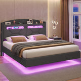 BTHFST Dark Grey Floating Queen Bed Frame with Charging Station, Hidden Storage, and RGB Lighting BTHFST