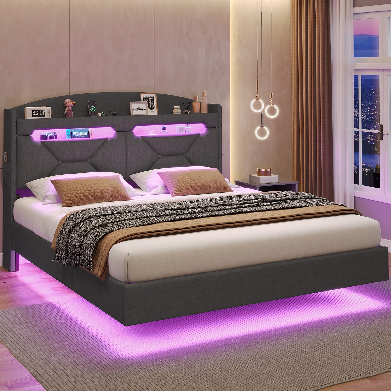 BTHFST Dark Grey Floating Queen Bed Frame with Charging Station, Hidden Storage, and RGB Lighting - WoodArtSupply