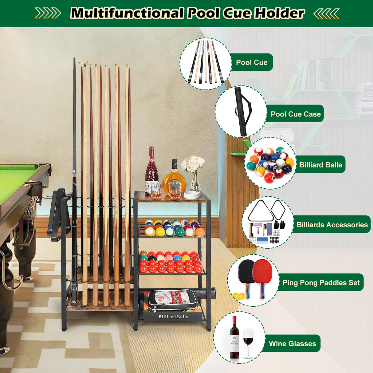 Pool Stick Holder Floor Stand up to 12 Cue Sticks, Pool Cue Holder with Balls Storage, Pool Table Accessories Stand Large Pool Cue Rack Equipment Organizer Cue Stick Holder for Billiard Game Room Olakee