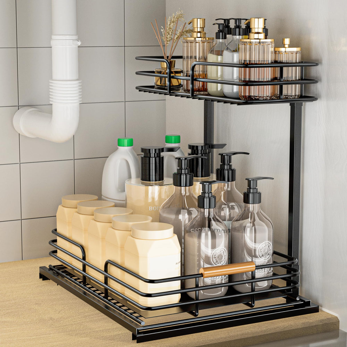 LAMU Under Sink Organizers and Storage, 2 Tier Bathroom Kitchen Cabinet Organizers, Pull Out Under Sink Storage Kitchen Shelf Organizer for Under Counter Storage LAMU