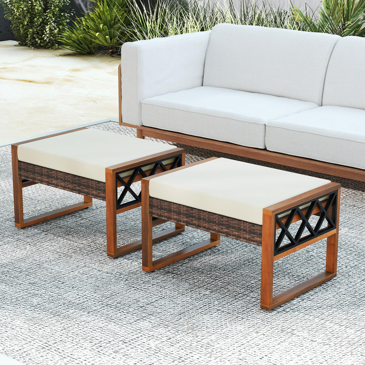 RELAX4LIFE Wicker Outdoor Ottomans for Patio - Set of 2 Rattan Outside Footstool w/Removable Cushion, Wood & Metal Frame, 3-in-1 Foot Rest, Extra Seating & Side Tables for Porch Backyard Poolside RELAX4LIFE