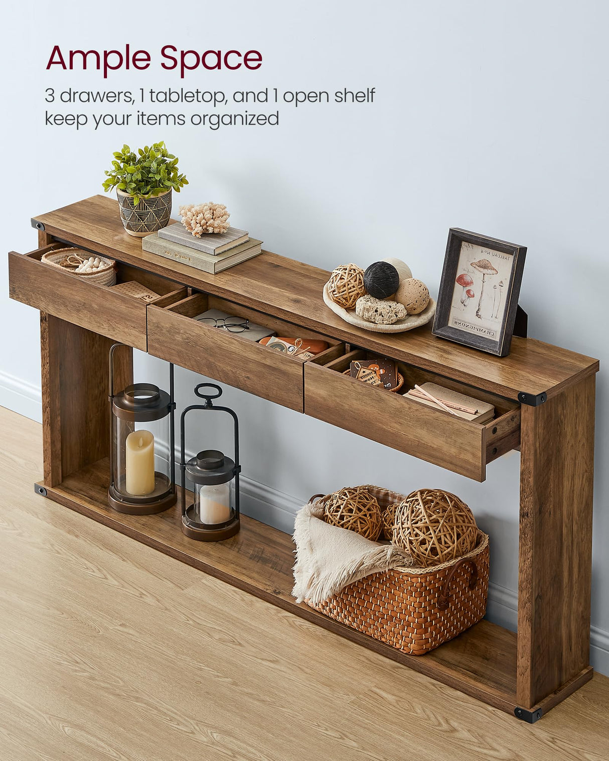 VASAGLE Sofa Console Table, 63 Inches Narrow Entryway Table with 3 Drawers, Bottom Shelf, Metal Corners, for Living Room, Bedroom, Farmhouse Style, Honey Brown ULNT146KB01S VASAGLE