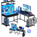 SEDETA L Shaped Gaming Desk with LED Lights, Pegboard and Drawers, Gaming Desk with Hutch, Computer Desk with Monitor Stand, Storage Shelves, Home Office Desk Corner Desk, Gaming Table, Black SEDETA