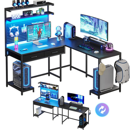 SEDETA L Shaped Gaming Desk with LED Lights, Pegboard and Drawers, Gaming Desk with Hutch, Computer Desk with Monitor Stand, Storage Shelves, Home Office Desk Corner Desk, Gaming Table, Black