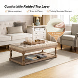 HULALA HOME Rectangle Ottoman Coffee Table with Tray, Tufted Living Room Ottoman with Solid Wood Storage Shelf, Linen HULALA HOME