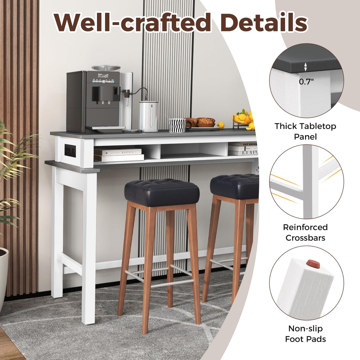 Giantex White and Grey Counter Height Bar Table with Power Outlets and Storage Compartments Giantex