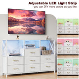 Decofy Dresser for Bedroom with Power Outlets and LED Lights, 7 Drawers TV Stand Dresser for 65 Inch TV, Chest of Drawers with Open Shelf, Wide White Dresser, 𝐏𝐔 𝐋𝐞𝐚𝐭𝐡𝐞𝐫, for Bedroom, Closet Decofy