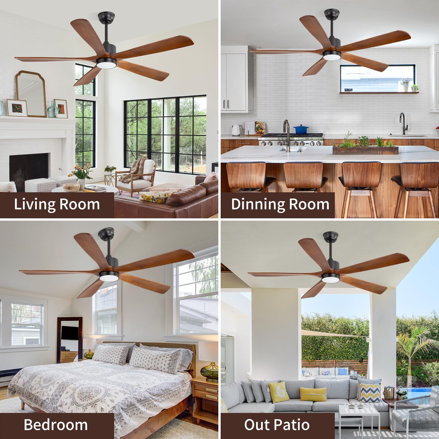 60 inch Outdoor Ceiling Fans for Patios, Natural Solid Wood 60 inch Ceiling Fan with Light, 6 Speeds Quiet Reversible & 3-Color Light, Modern Ceiling Fan for Kitchen, Bedroom, Patio - WoodArtSupply