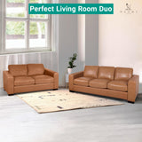 Naomi Home Freya Genuine Leather Sofa - Luxurious Comfort, Goose Feather Cushion Filling, Square Arm Design, Sturdy Block Legs, Elegant Tan - Ideal for Living Room, Office, or Bedroom Naomi Home