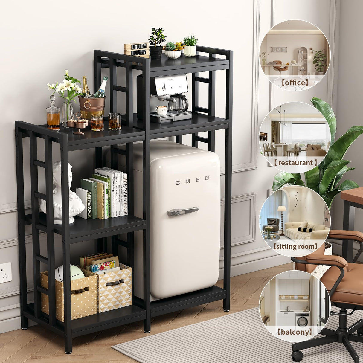 YCHF 6-Tier Kitchen Bakers Rack, Utility Storage Shelf, Mini Fridge & Microwave Oven Stand Table, Coffee Bar, Adjustable Kitchen Shelves Freestadning for Home Office (Black Wood Grain) YCHF