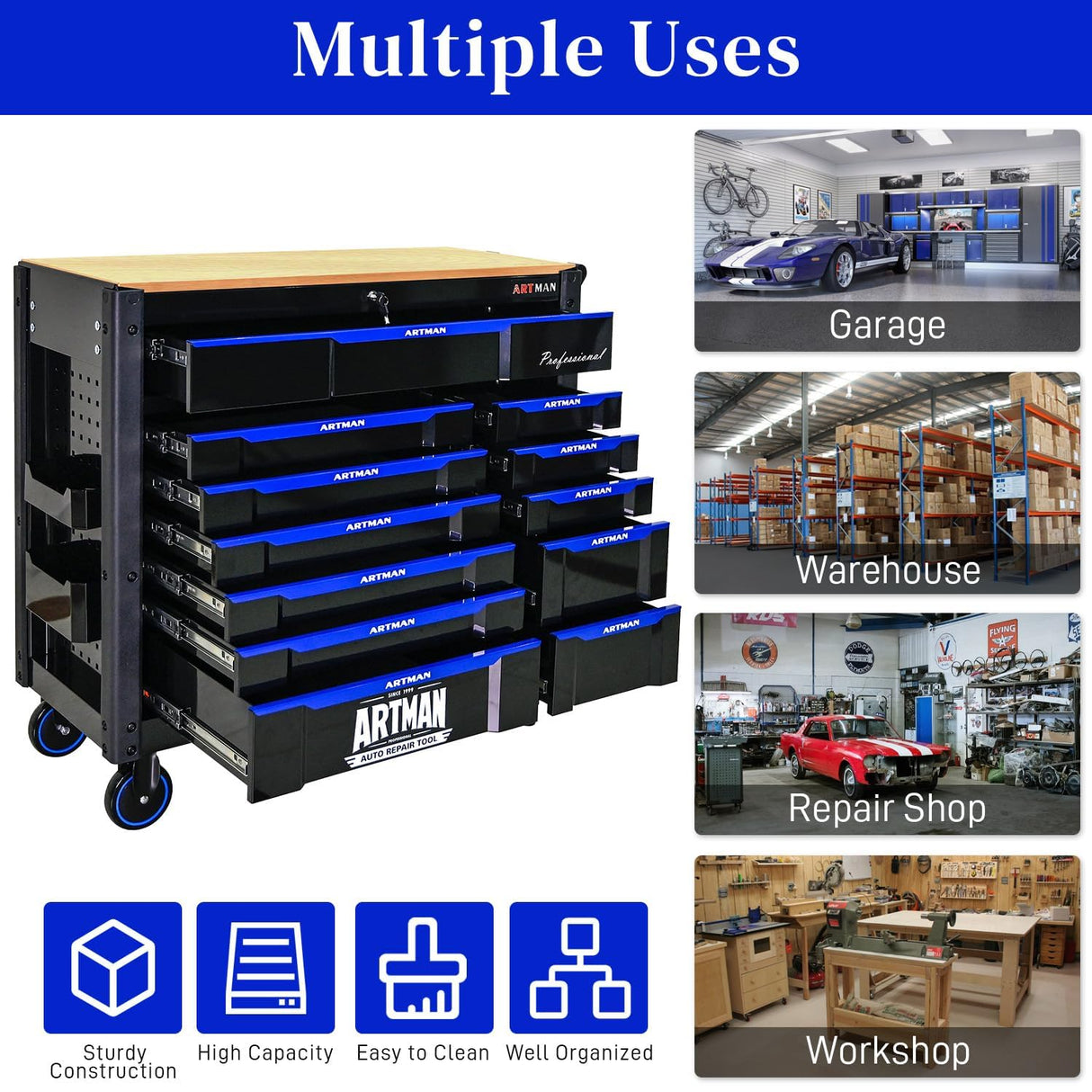 WTRAVEL Heavy Duty Rolling Tool Chest with 12-Drawer Tool Cart Mechanic Tool Box with Wheels Tool Storage Cabinet Mobile Workbench Tool Bench for Garage, Workshop, Warehouse, Repair Shop, Wood Top WTRAVEL