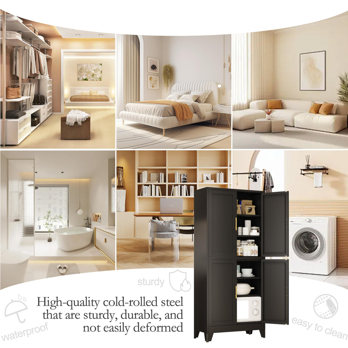 GAIOUS 75.2" Tall Metal Pantry Cabinet, Storage Cabinets with 4 Door and 4 Adjustable Shelves, Black Kitchen Pantry Storage Cabinet, Freestanding Cupboard for Kitchen Dining Room Living Room Bathroom GAIOUS