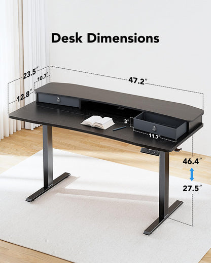 HUANUO 48″ x 24″ Electric Standing Desk with 2 Drawers, C-Clamp Mount Compatible, Height Adjustable Computer Desk, Home Office Stand Up Desk with 4 Preset Heights & 2 Hooks, Black - WoodArtSupply