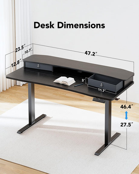 HUANUO 48″ x 24″ Electric Standing Desk with 2 Drawers, C-Clamp Mount Compatible, Height Adjustable Computer Desk, Home Office Stand Up Desk with 4 Preset Heights & 2 Hooks, Black HUANUO