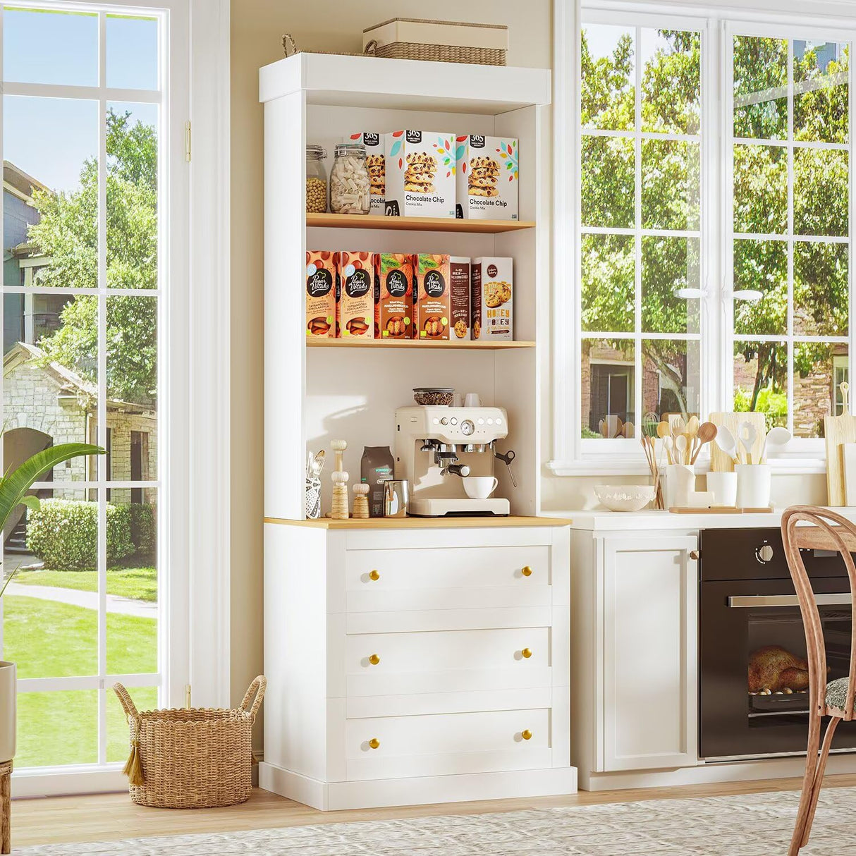 71" Farmhouse Kitchen Pantry Cabinet Set of 3, White Freestanding Coffee Bar Hutch with Glass Doors, Drawers & Adjustable Shelves, Large Storage Cabinet with Microwave Stand for Living Room & Kitchen Vyre