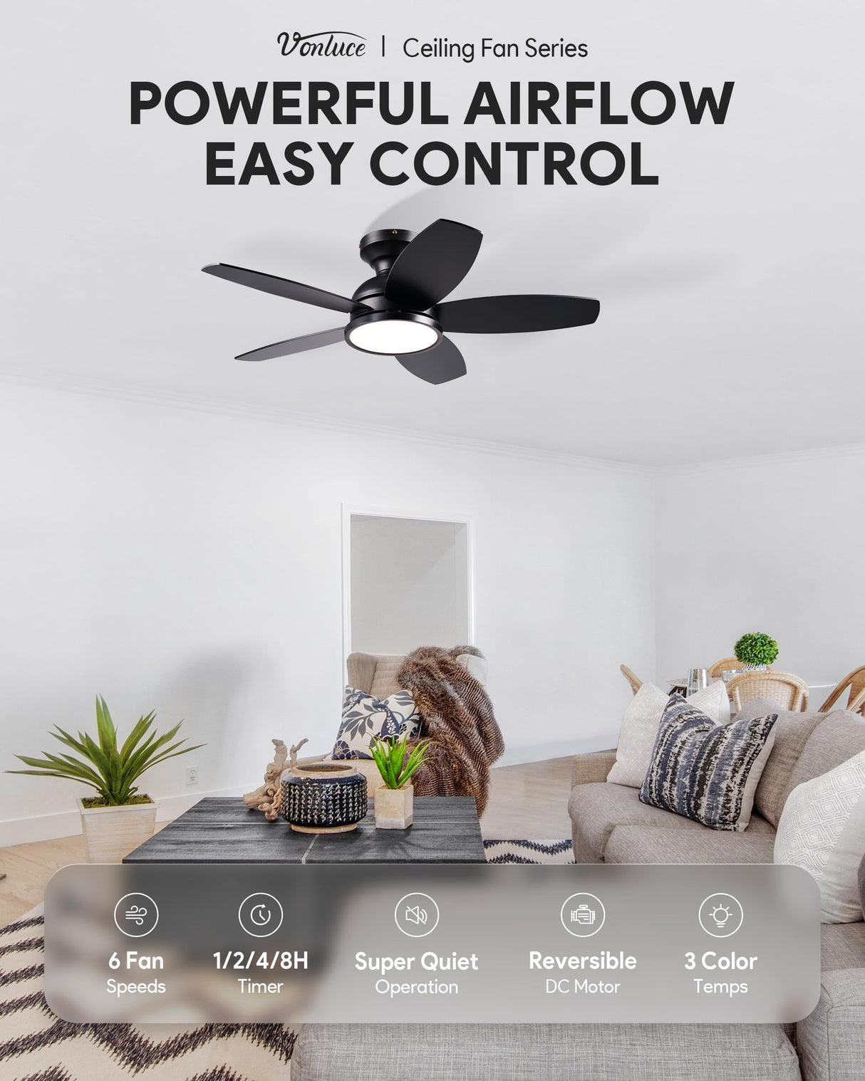 VONLUCE Ceiling Fans with Lights, 36 Inch Ceiling Fan and Remote, Full-spectrum LED Light, 3CCT, 6-Speeds Noiseless Reversible DC Motor, Modern Ceiling Fan for Bedroom Living Room Farmhouse, Black VONLUCE