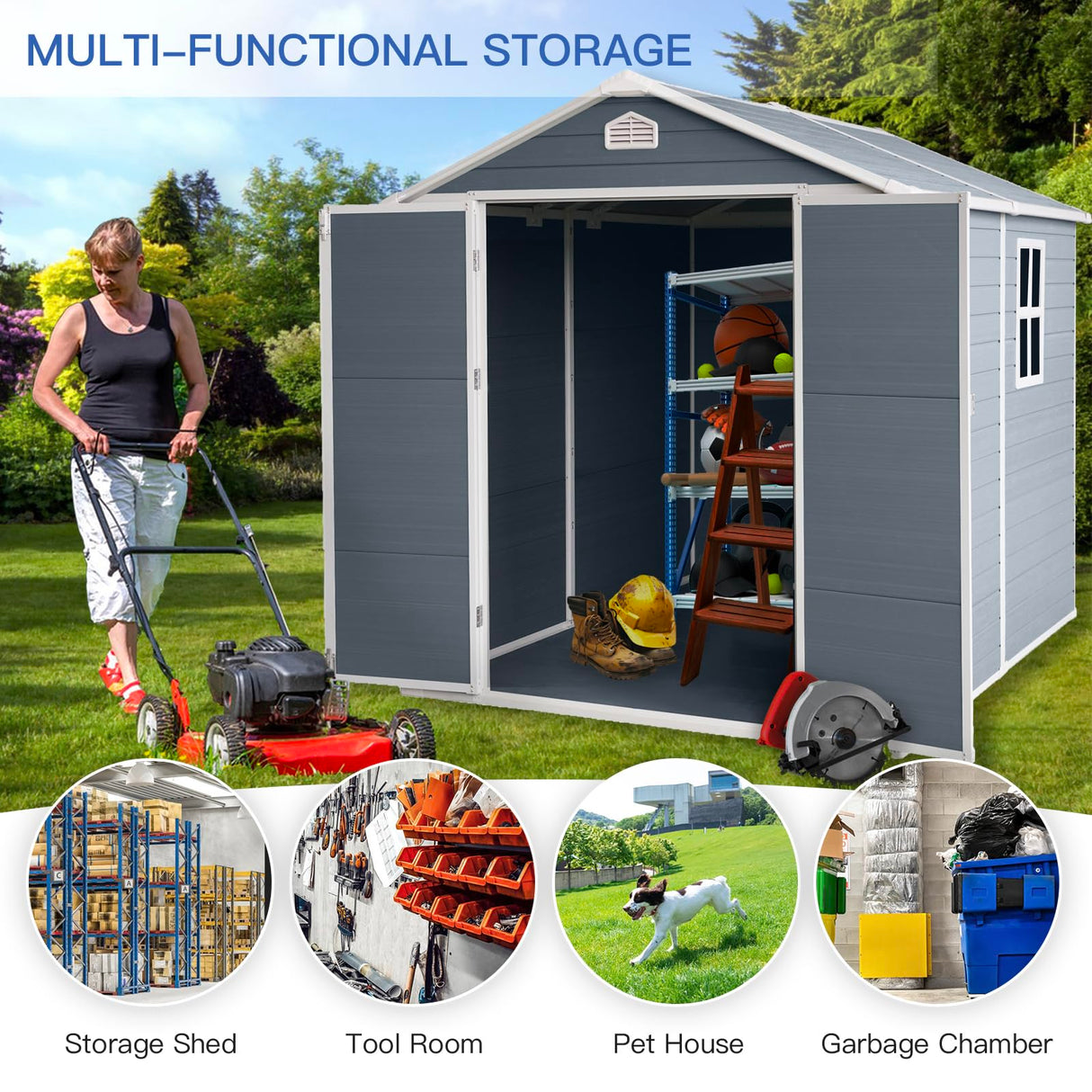 6ft×4ft Resin Outdoor Storage Shed,Outdoor Storage Shed with Floor & Window to Store Patio Furniture, Garden Tools Bike Accessories, Beach Chairs and Lawn Mower. (6ft×4ft) JT