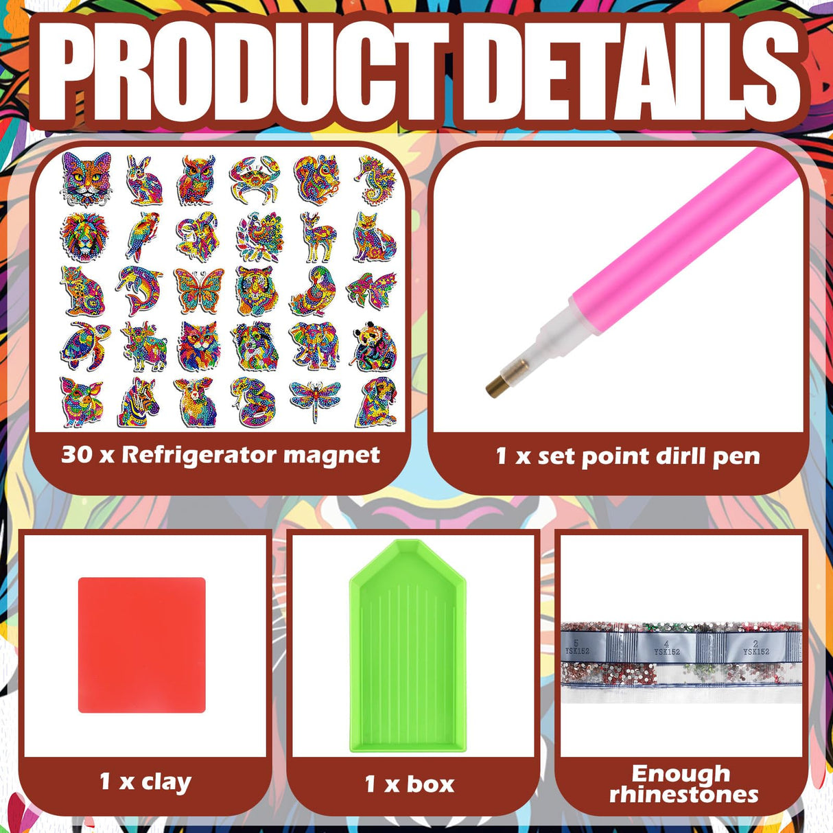 Remuuly 30 Pcs Diamond Painting Magnets Summer Diamond Art Magnet Kits for Adults Spring Flower Animal Cupcake 5D Rhinestones Refrigerator Magnetic Stickers for Fridge DIY Crafts Gifts(Animal) Remuuly