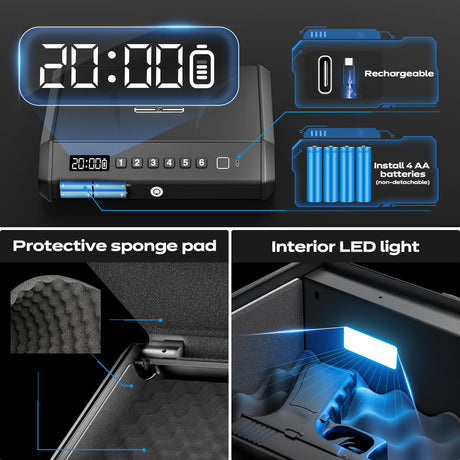 Large Gun Safe for 2-4 Pistols, Fingerprint Digital PIN Key Unlock with LCD Display & USB Port, 650 DPI Quick Access Biometric Handgun Safe, Hand Gun Lock Box for Home Drawer Car Bedside Nightstand TOPMEDA