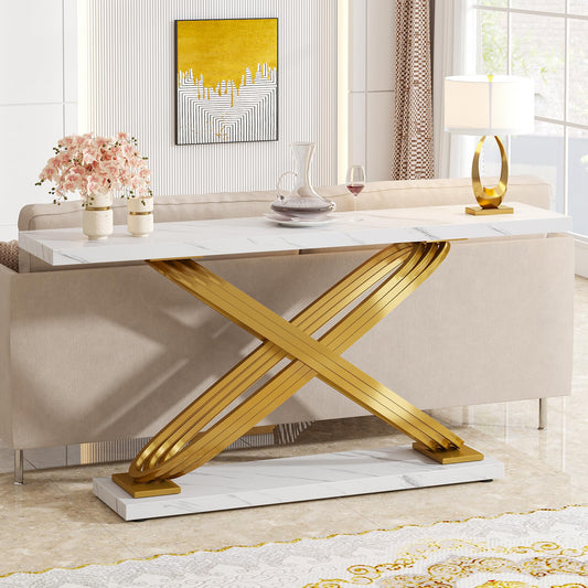 Tribesigns 55 Inch Modern Console Table, Faux Marble Gold Entryway Table Behind Sofa Couch, Narrow Rectangular Sofa Table for Living Room, Bedroom, Front Hall, Hallway, Gold & White - WoodArtSupply