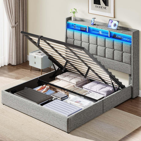 Driftalia Lift Up King Size Bed Frame with Storage, Upholstered King Bed Frame with Charging Station and LED Lights Headboard, No Box Spring Needed, Easy Assembly - Light Grey Driftalia
