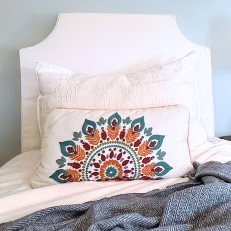 Dormpillow- New/Improved Cotton 'Wrinkle-Free' Cover. Portable Twin XL White Headboard Cushion for College Dorm. Innovative Wedge Base Keeps it Upright. Fills Gap Between Bed & Wall. Dormpillow Creations