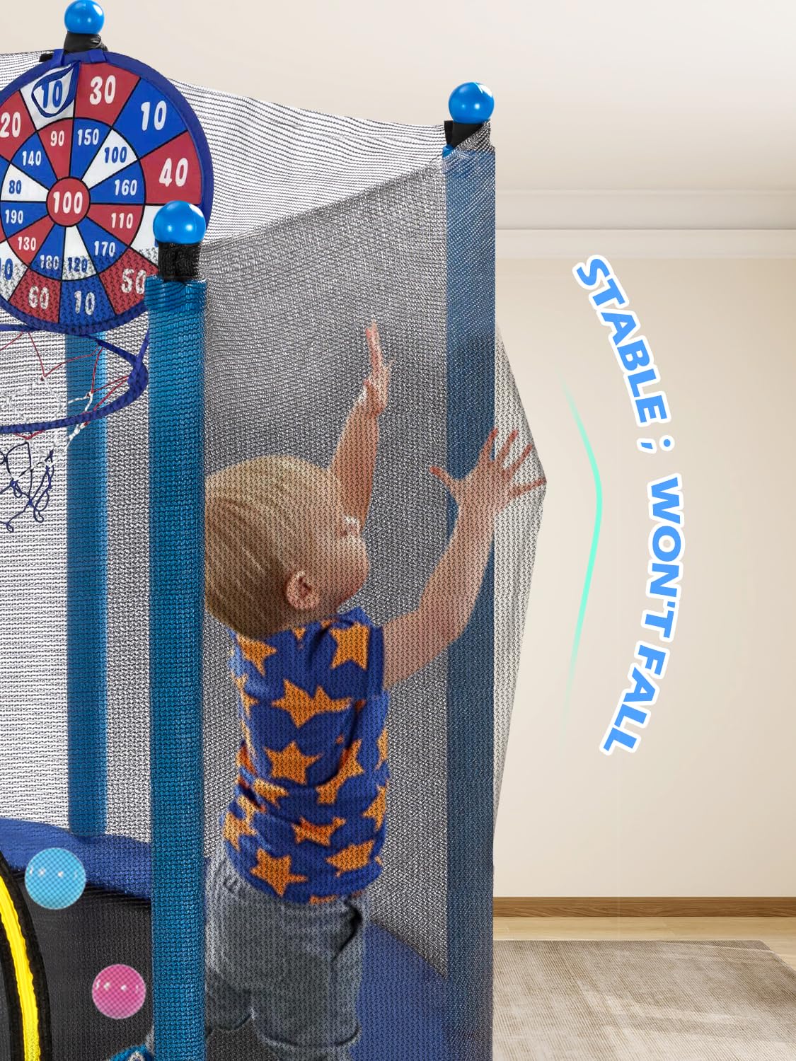 BLUERISE 55IN Toddler Trampoline for Kids Indoor Play for Kids Basketball Hoop Attachment with Enclosure Net Easy to Assemble Recreational Trampoline BLUERISE