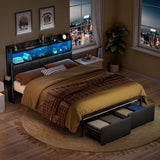 Furnulem Full Size Bed Frame with Headboard, Bed Frame Full Size with Storage Drawers, Charging Station and LED Lights, Metal Platform No Box Spring Needed, Upholstered Headboard, Noise Free, Black Furnulem