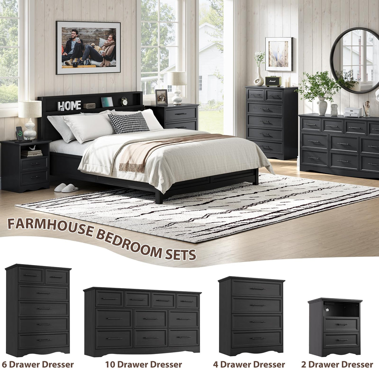 Black Dresser for Bedroom, Modern 6 Chest of Drawers, 44" Tall Chest of Drawers w/Brushed Metal Handle, Wood Closet Organizers and Storage Cabinet for Bedroom, Living Room, Hallway Harpaq