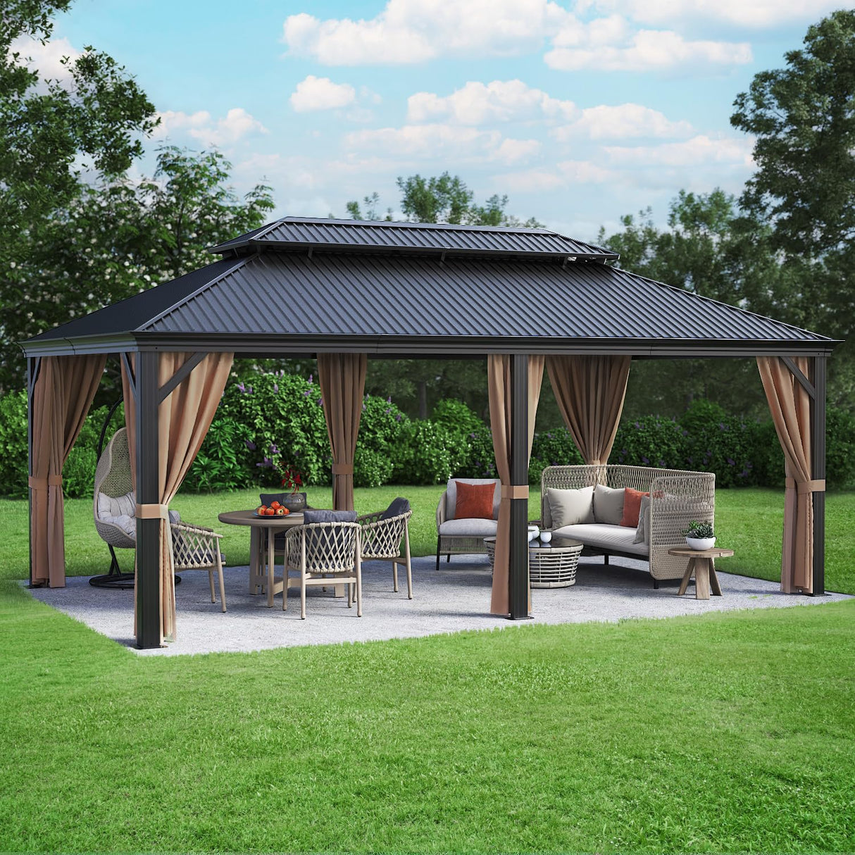 Greesum 12'x20' Hardtop Metal Gazebo, Outdoor Galvanized Steel Double Roof Canopy, Aluminum Frame Permanent Pavilion with Netting and Curtains for Backyard, Patio, Deck, Parties Greesum