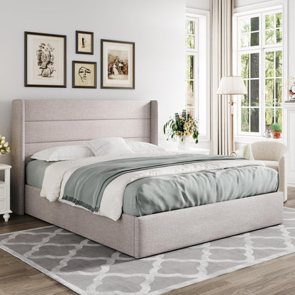 Allewie Queen Size Hydraulic Lift Storage Bed with Elegant Wingback Headboard in Light Beige - WoodArtSupply