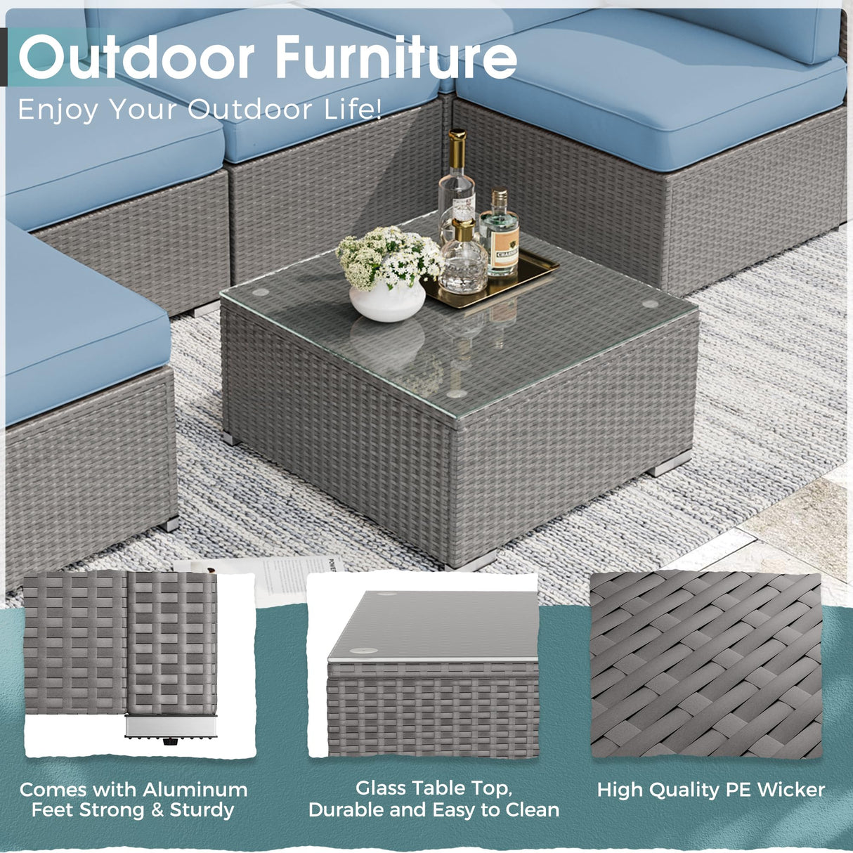 Crownland 7-Pieces Outdoor Patio Furniture Sets, All-Weather Grey Wicker Rattan Sectional Sofa, Modern Glass Coffee Table and Washable Seat Cushion with YKK Zipper (Light Blue) Crownland