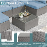 Crownland 7-Pieces Outdoor Patio Furniture Sets, All-Weather Grey Wicker Rattan Sectional Sofa, Modern Glass Coffee Table and Washable Seat Cushion with YKK Zipper (Light Blue) Crownland