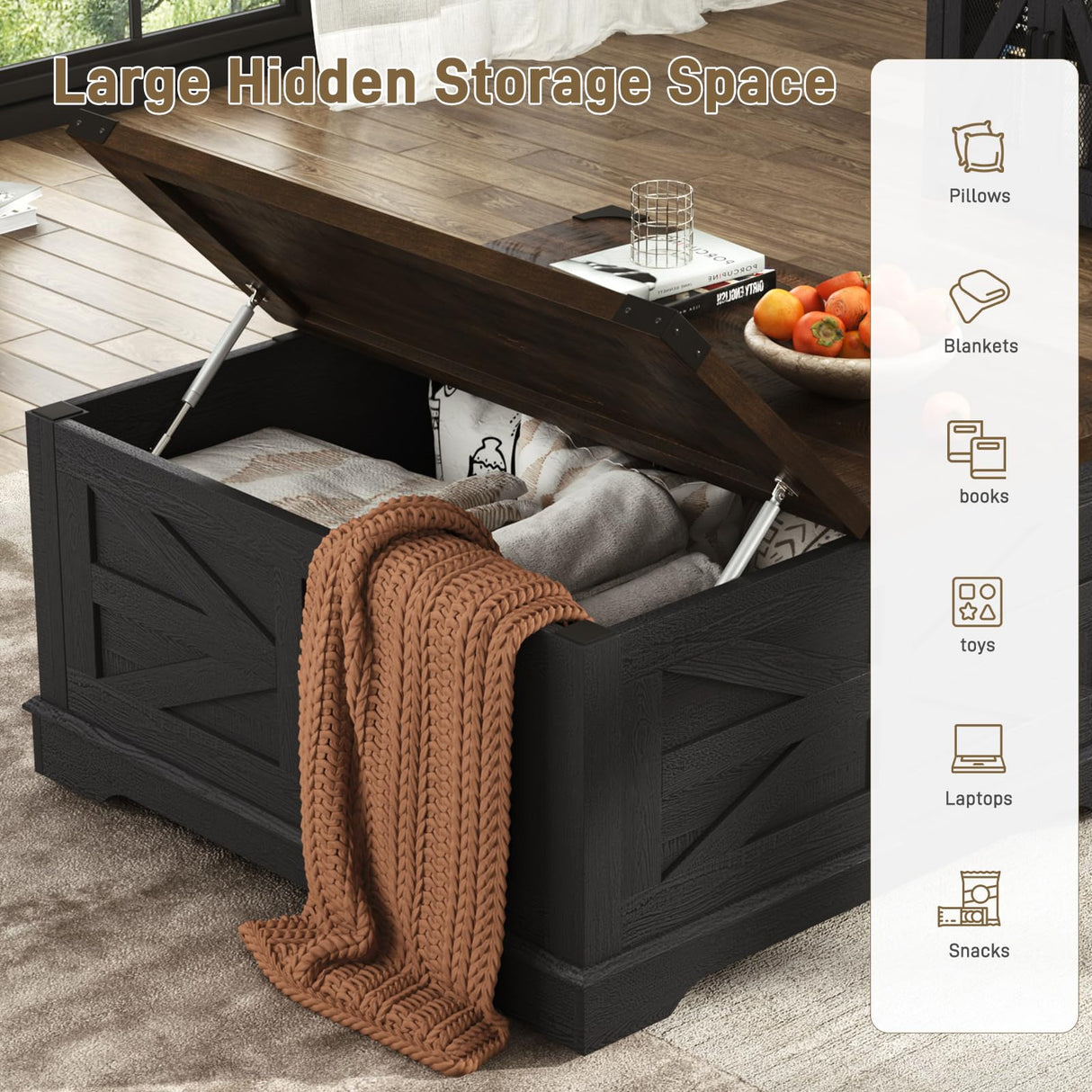 Hlivelood 36" Farmhouse Movable Lift Top Coffee Table with Storage and Power Outlets, Square Wood Living Room Tables with Wheels&Large Hidden Space, Lift Wooden Barn Door Center Table, Black Hlivelood