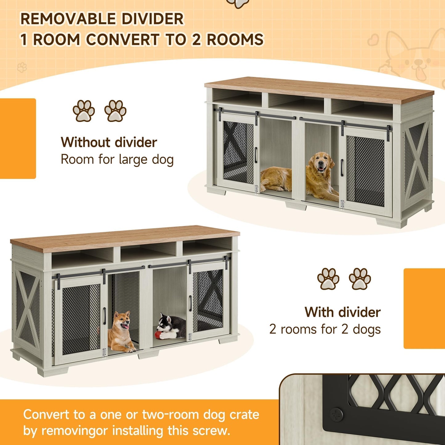 71" Dog Crate Furniture, Extra Large Wooden Double Dog Crate with 3 Storages and Removable Divider, Furniture Style Dog Crate Table Indoor TV Stand for Large Medium Dogs, White