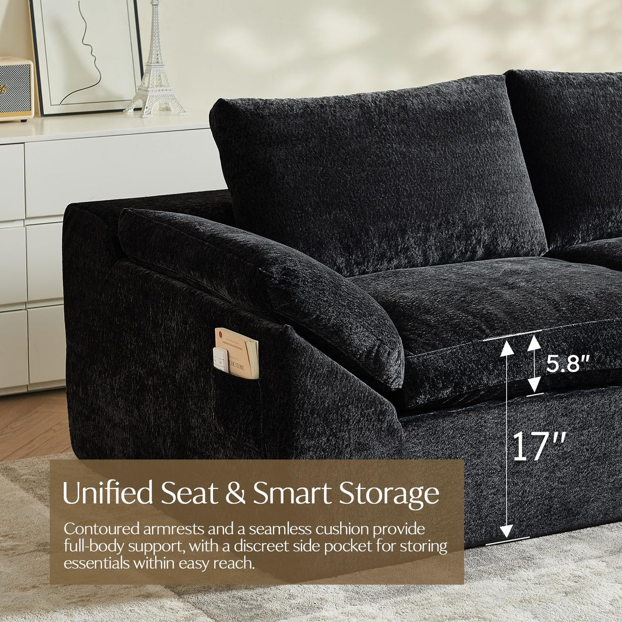 Vamcheer Modular Sectional Cloud Couch, Utra Soft U Shaped Couch with 2 Movable Ottoman, Deep Seat Boneless Couches for Living Room Bedroom, No Assembly Required, Black Vamcheer