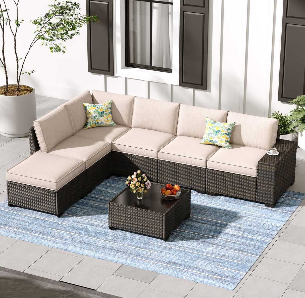 Jing's Villa 7-Piece Patio Furniture Set, All-Weather Outdoor Wicker Sectional Sofa with Cushions, Tempered Glass Table & Ottoman, Rattan Conversation Seating for Porch, Garden, Backyard,Beige Jing's Villa