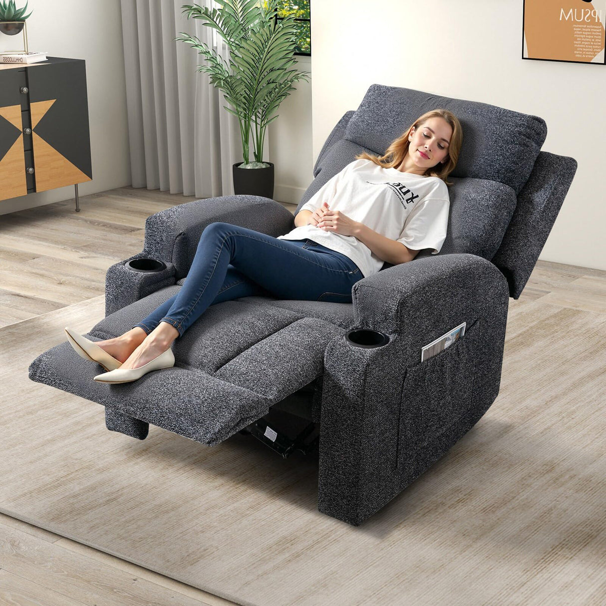 IOMOR Fabric Manual Recliner Chair for Adults, Comfy Reclining Chairs with Overstuffed Arm and Back, Single Sofa for Living Room (1, Dark Grey) IOMOR