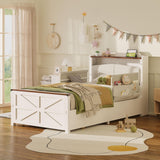 IRONCK Twin Bed Frame with Rails, Farmhouse Platform Bed with 2 Drawers, Upholstered StorageHeadboard & Charging Station for Boys Girls Teens, No Box Spring Needed, White/Walnut IRONCK