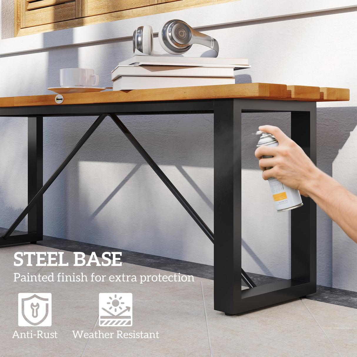 Outsunny Outdoor Bench, Acacia Wood Patio Garden Bench, 47" 2-Person Backless Patio Loveseat with Slatted Seat and Metal Frame, Weather/Corrosion Resistant for Outside, Front Porch, Park, Teak Outsunny